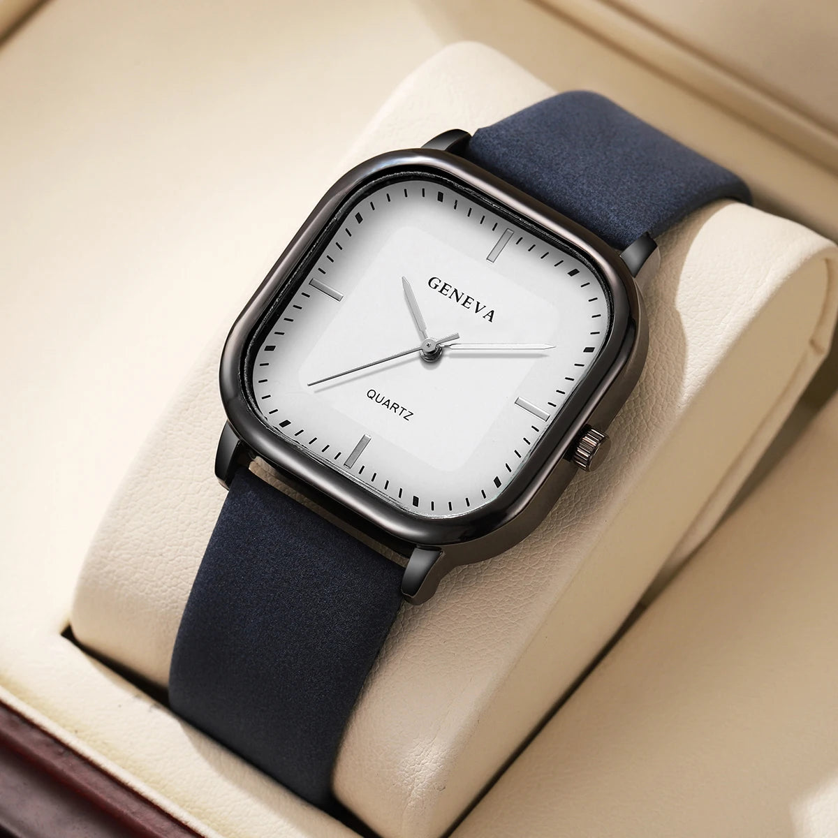Tuzwa Men's Square Quartz Watch with Leather Strap – Minimalist 35mm Dial, Splash-Resistant Casual Watch