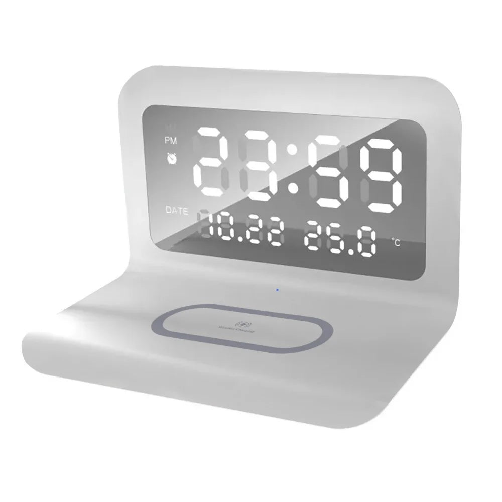 Tuzwa 30W Wireless Charging Stand with Alarm Clock & Thermometer – Fast Phone Charger for Bedside, Nightstand & Desk