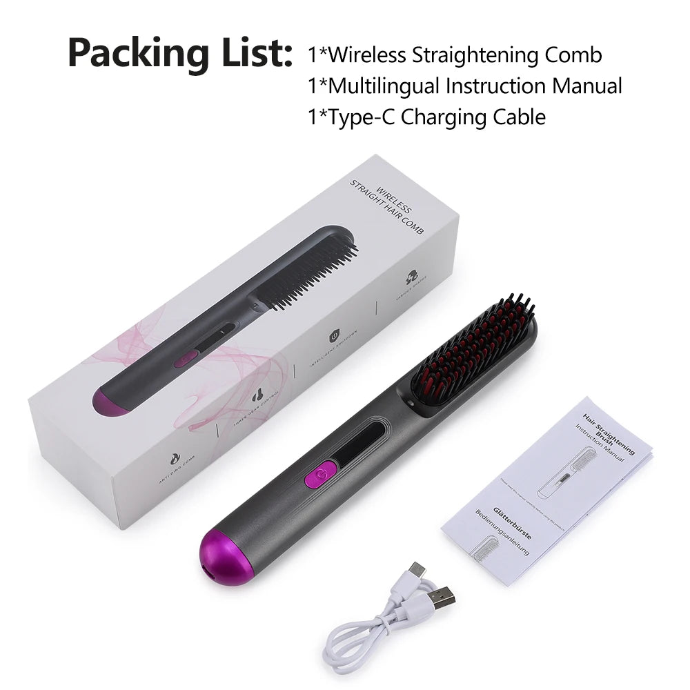 Tuzwa Cordless Hair Straightener Brush – Rechargeable Ceramic Heated Styling Brush, 4 Heat Settings, 140°C–200°C