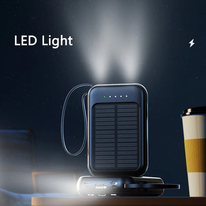 Tuzwa 200000mAh Solar Power Bank with 4 Built-In Cables – High-Capacity Portable Phone Charger for iPhone, Samsung & USB Devices
