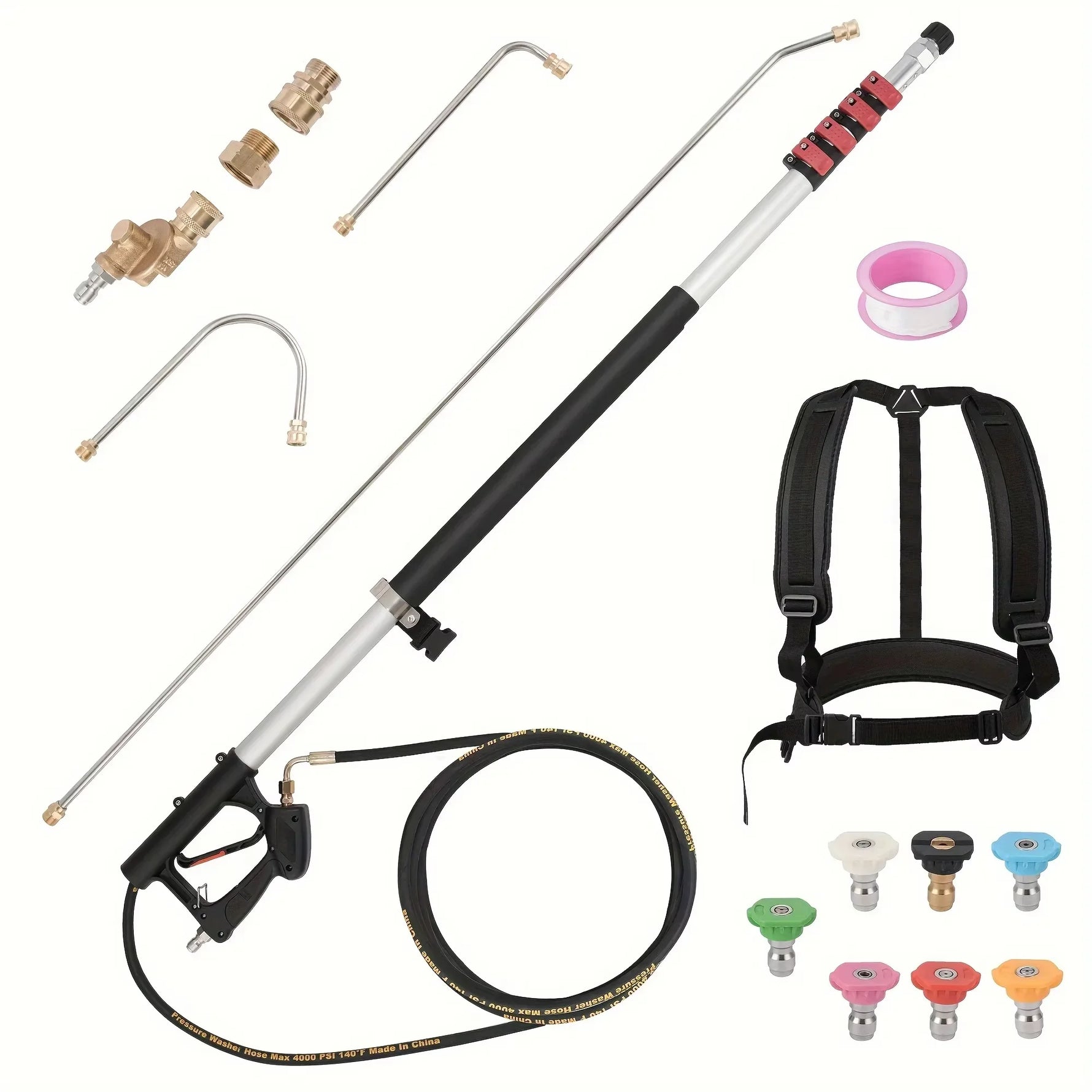 Tuzwa Telescoping Pressure Washer Extension Wand – Gutter Cleaning Pole with 3 Curved Wands & 7 Nozzle Tips, Metal High-Reach Attachment
