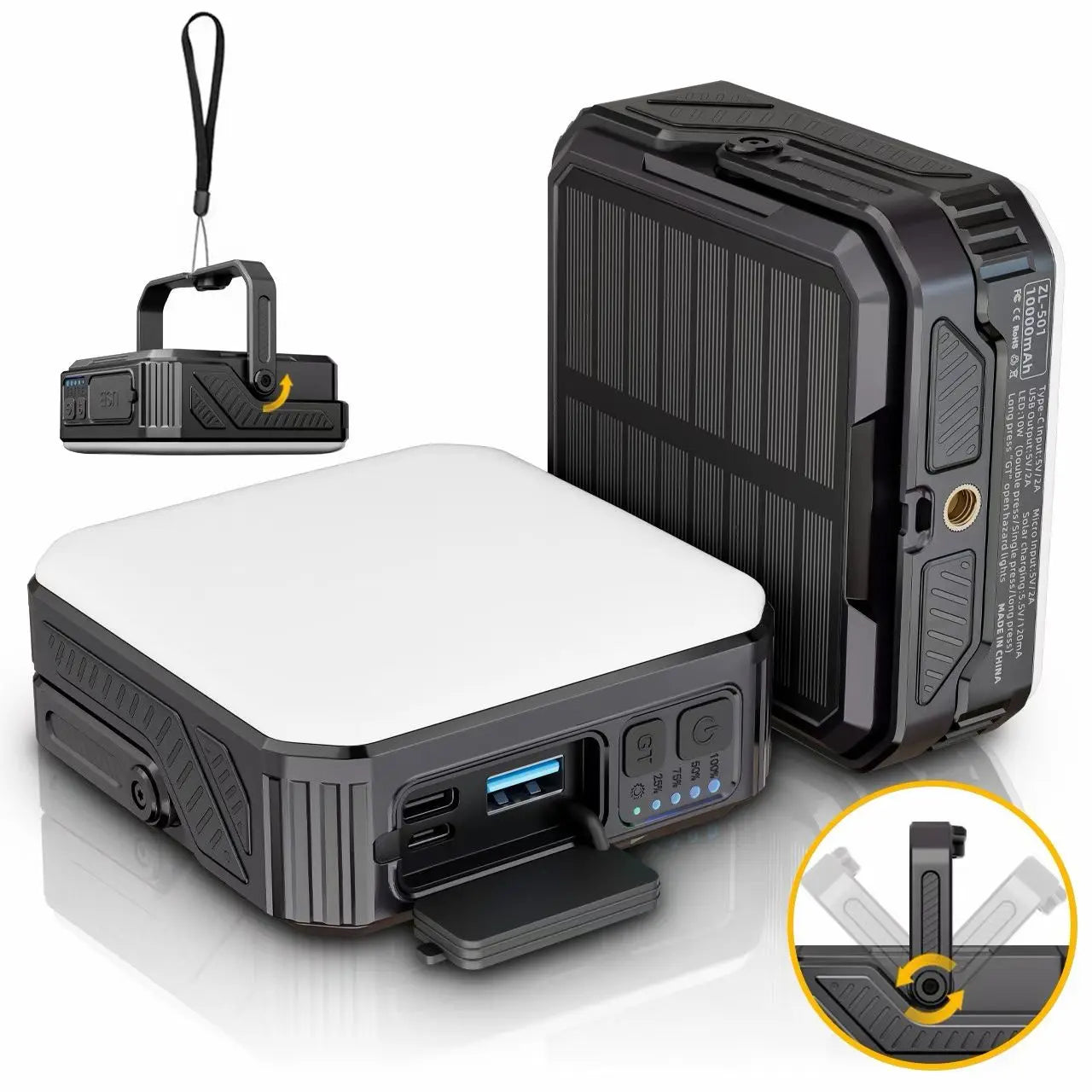 Tuzwa Solar Power Bank – 15W Portable Backup Charger with Built-In Cables, Night Light, Flashlight & SOS LED for Outdoor Travel
