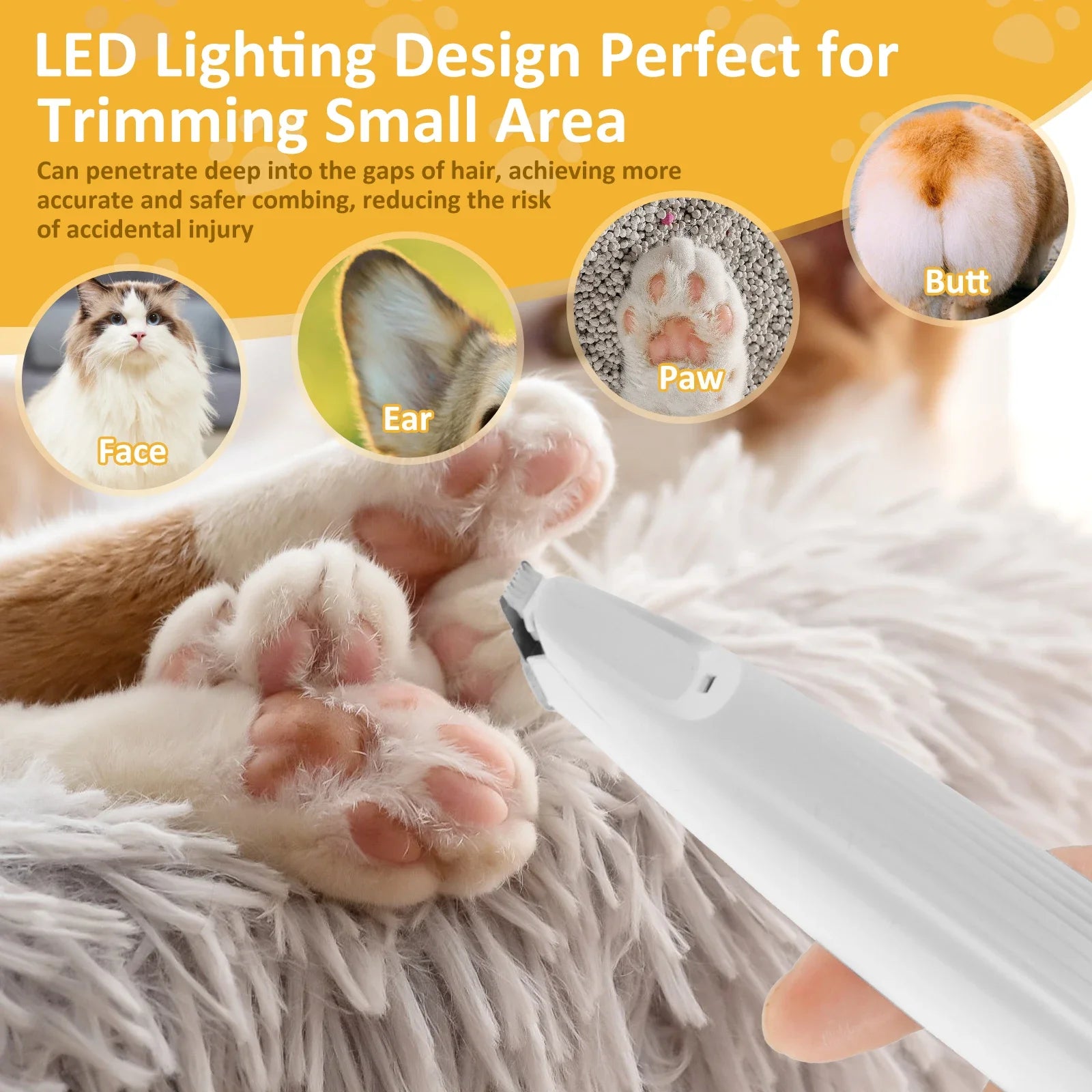 Tuzwa Dog Paw Trimmer with LED Light – Low Noise Cordless Pet Hair Trimmer, Rechargeable Waterproof Grooming Clippers for Dogs & Cats