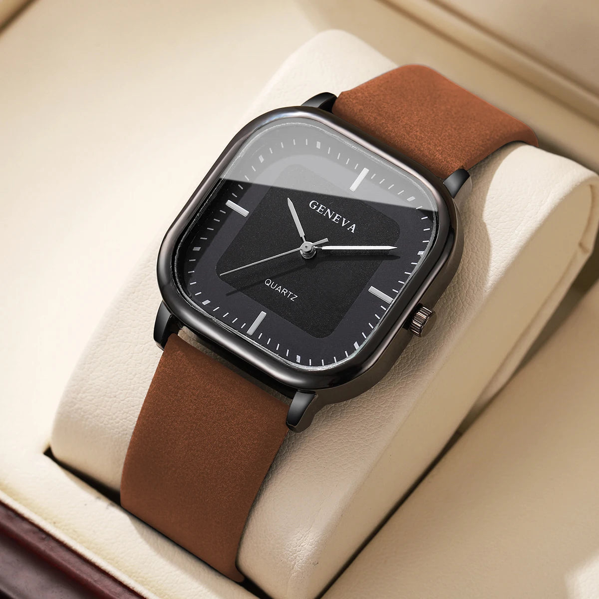 Tuzwa Men's Square Quartz Watch with Leather Strap – Minimalist 35mm Dial, Splash-Resistant Casual Watch