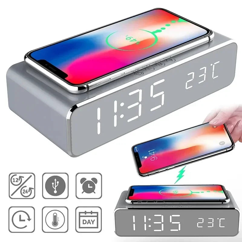 Tuzwa Smart Wireless Charging Station with LED Alarm Clock & Thermometer – Fast Charging Dock for Compatible iPhone & Samsung Phones