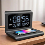 Tuzwa 30W Wireless Charging Stand with Alarm Clock & Thermometer – Fast Phone Charger for Bedside, Nightstand & Desk