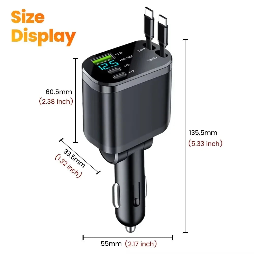Tuzwa 5-in-1 Retractable Car Charger – USB-C Fast Charging Multi-Device Vehicle Adapter with Built-In Retractable Cable, Compact Design