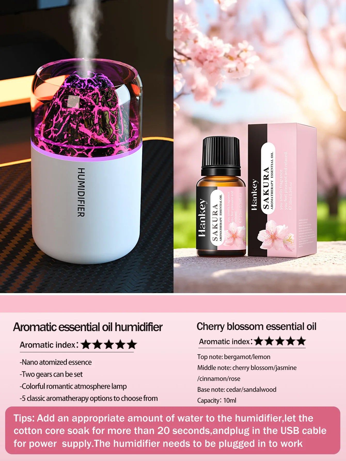 Tuzwa Volcano Aroma Diffuser & Ultrasonic Humidifier with Color Changing Light – USB Compact Essential Oil Diffuser for Home & Travel