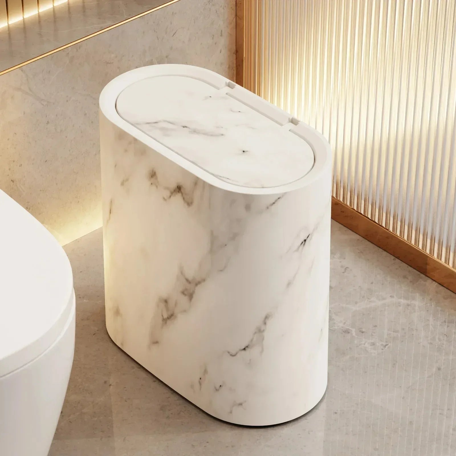 Tuzwa Bathroom Trash Can with Push Lid – Marble Design Slim Waste Bin for Small Spaces, Bedroom & Office