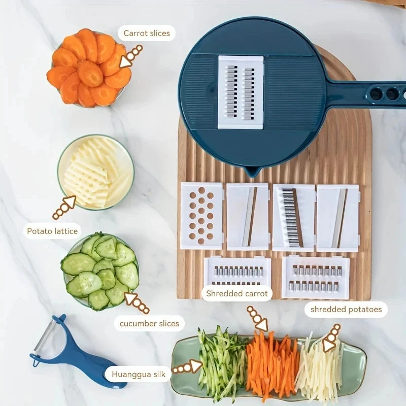 Tuzwa 9-in-1 Multifunctional Vegetable Chopper & Mandoline Slicer | Stainless Steel Food Cutter with Interchangeable Blades | Manual Kitchen Tool for Fast Meal Prep