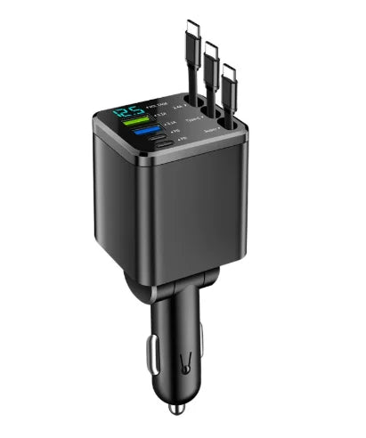 Tuzwa 5-in-1 Retractable Car Charger – USB-C Fast Charging Multi-Device Vehicle Adapter with Built-In Retractable Cable, Compact Design