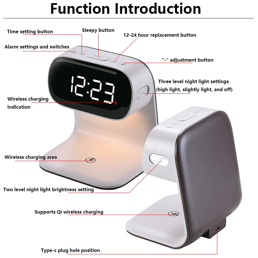 Tuzwa LED Alarm Clock with Wireless Charging & Warm Mood Light – 165mm Bedside Clock Lamp for Bedroom & Nightstand