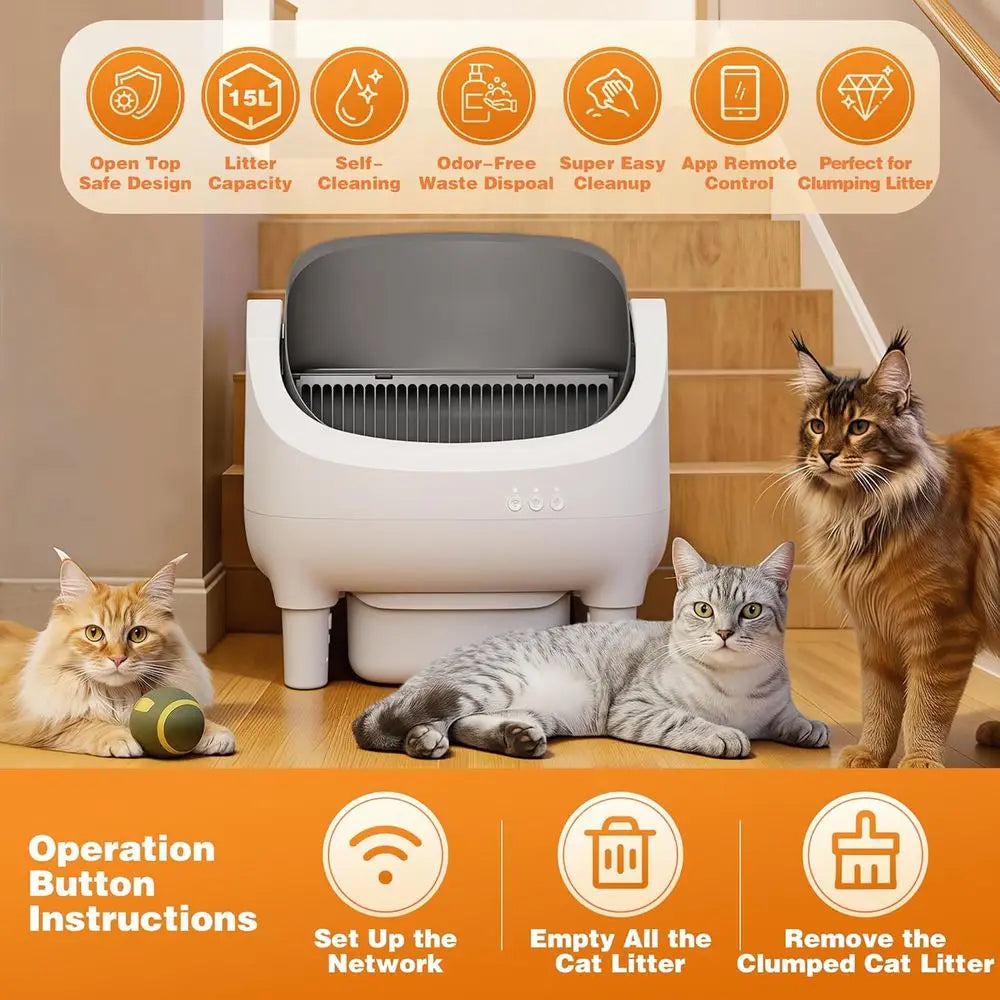 Tuzwa Automatic Self-Cleaning Cat Litter Box | Smart App-Controlled Litter Box with Odor Control | Quiet Large-Capacity Litter System for Multi-Cat Homes