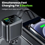 Tuzwa 5-in-1 Retractable Car Charger – USB-C Fast Charging Multi-Device Vehicle Adapter with Built-In Retractable Cable, Compact Design