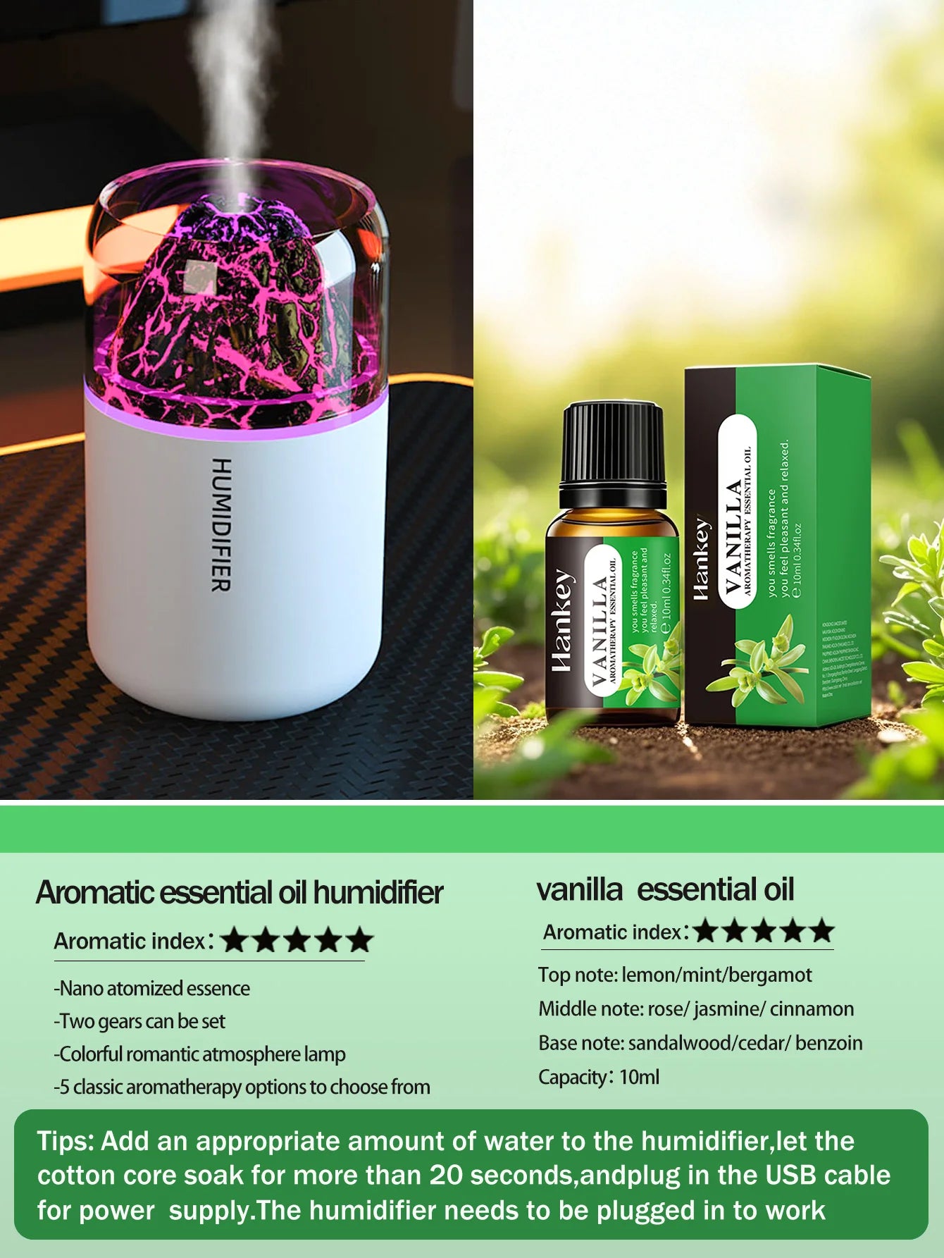 Tuzwa Volcano Aroma Diffuser & Ultrasonic Humidifier with Color Changing Light – USB Compact Essential Oil Diffuser for Home & Travel
