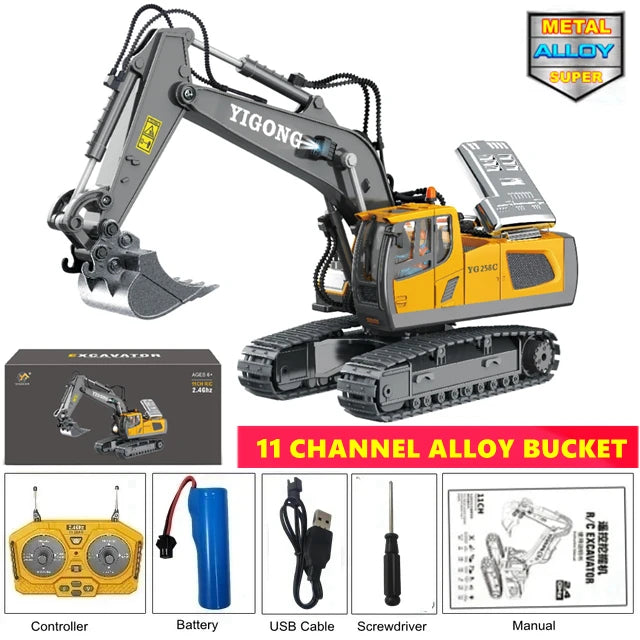 Tuzwa 4WD RC Excavator & Dump Truck – Alloy Remote Control Construction Vehicles with Lights, Sounds & Rechargeable Lithium Battery