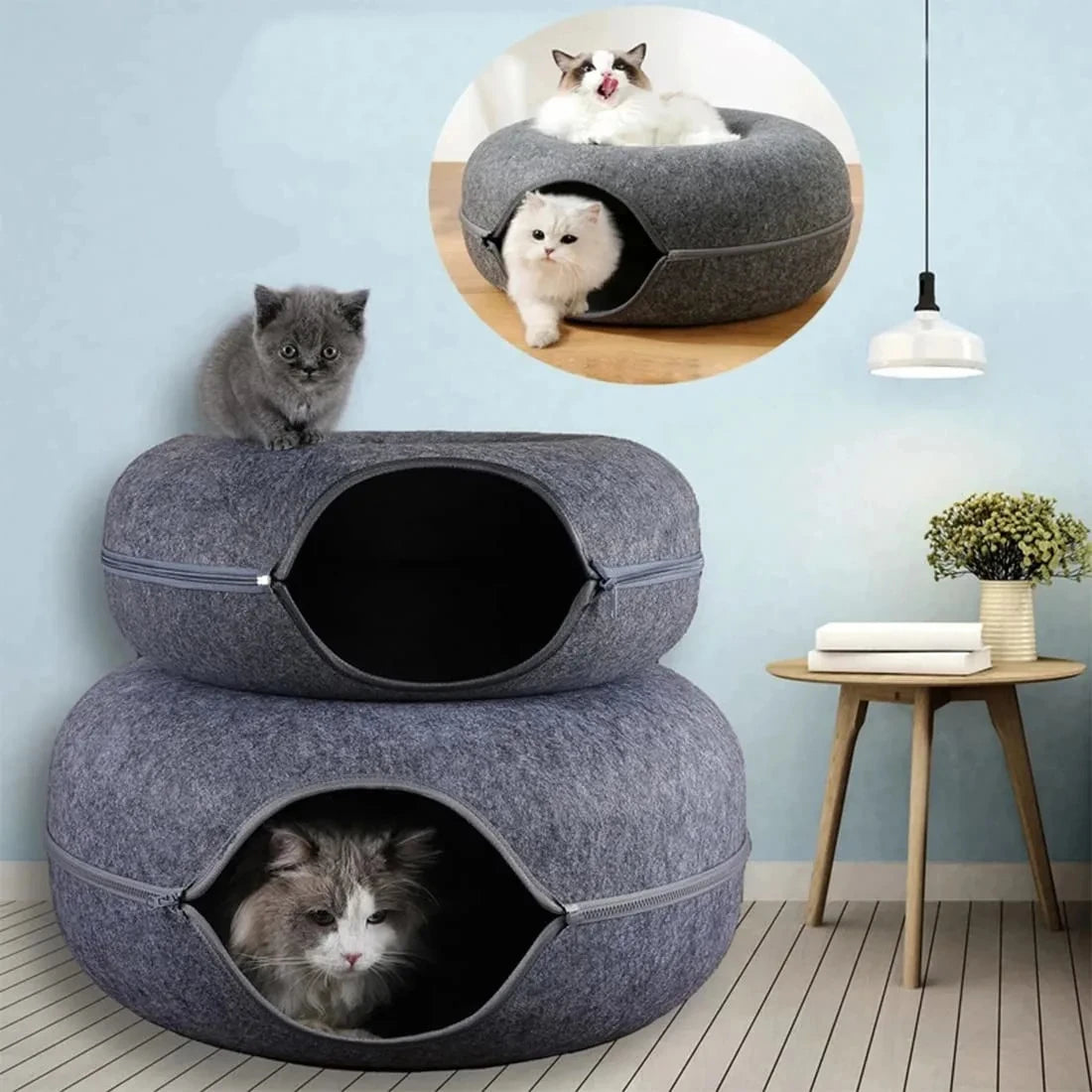 Tuzwa Cat Tunnel Bed – Interactive Round Wool Cat Tunnel with Scratching Surface, Cozy Hideaway & Play Bed for Indoor Cats