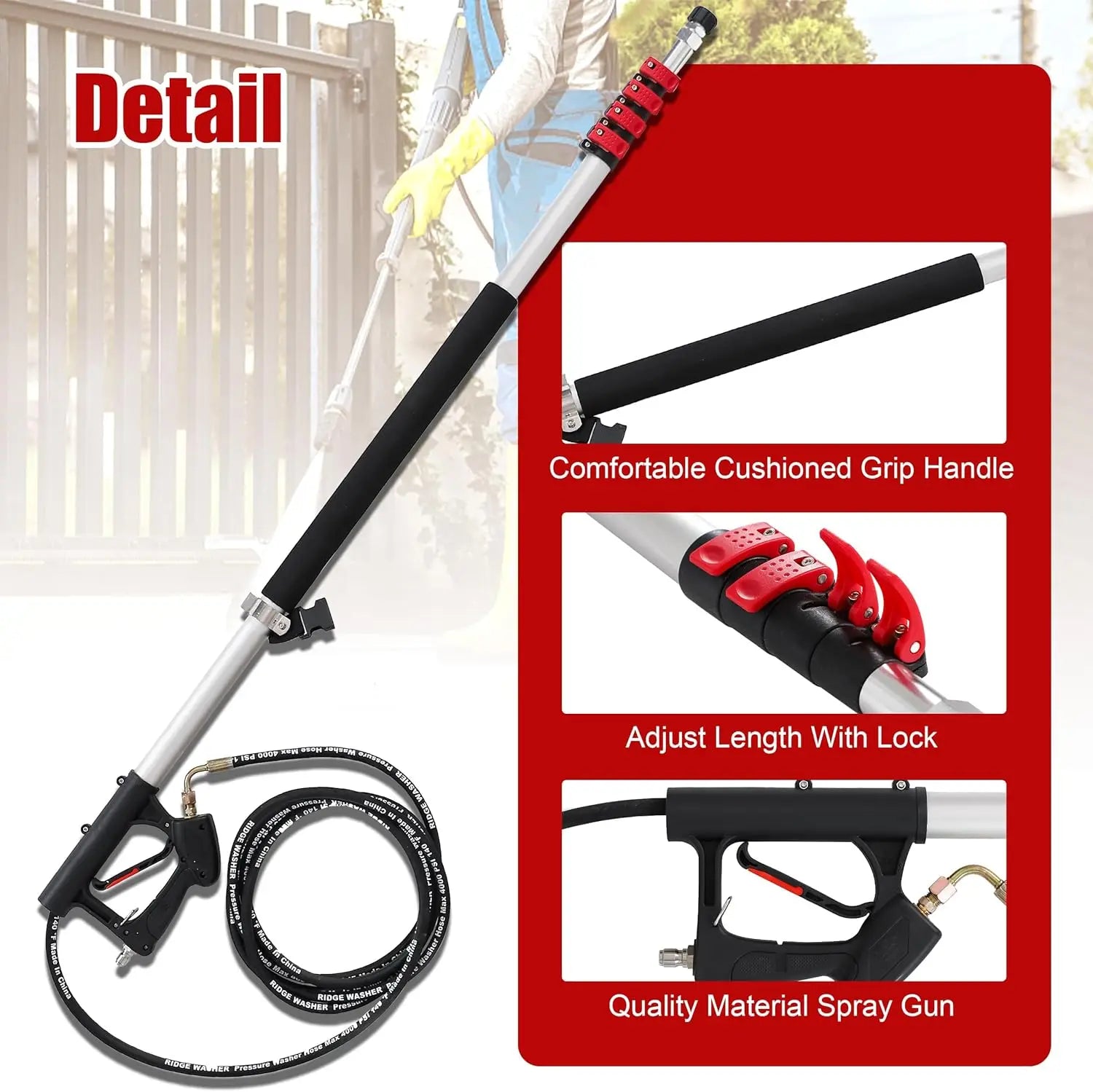 Tuzwa Telescoping Pressure Washer Extension Wand – Gutter Cleaning Pole with 3 Curved Wands & 7 Nozzle Tips, Metal High-Reach Attachment