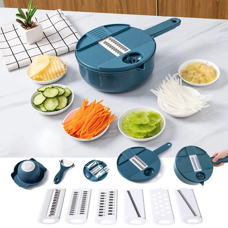 Tuzwa 9-in-1 Multifunctional Vegetable Chopper & Mandoline Slicer | Stainless Steel Food Cutter with Interchangeable Blades | Manual Kitchen Tool for Fast Meal Prep