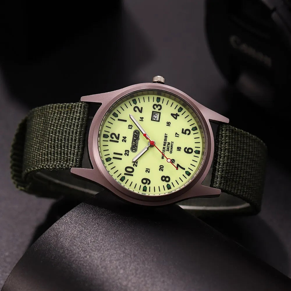 Tuzwa Men's Luminous Military Watch – Quartz Movement, Easy-Read Arabic Numerals, Nylon Strap, Slim 8mm Round Case