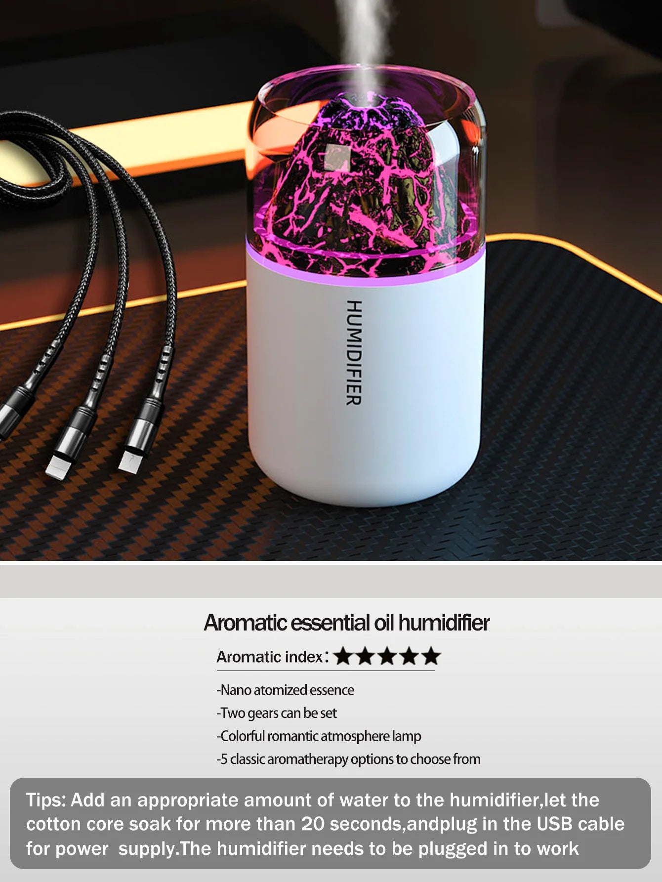Tuzwa Volcano Aroma Diffuser & Ultrasonic Humidifier with Color Changing Light – USB Compact Essential Oil Diffuser for Home & Travel