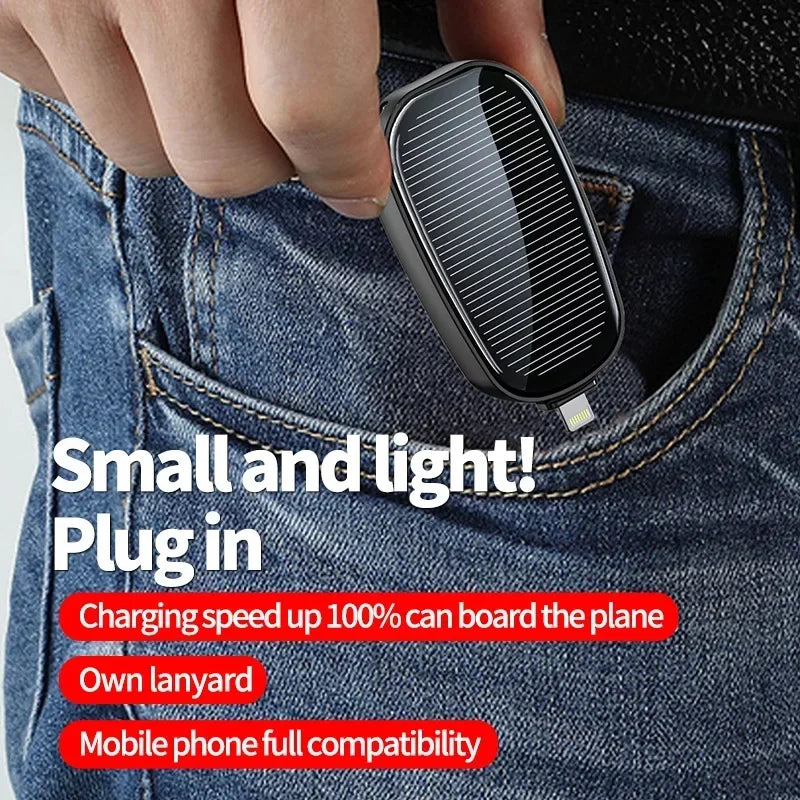 Tuzwa Solar Mini Power Bank Keychain – 1200mAh Portable Phone Charger with 5W Output, Built-In Plug & Solar Panel for Travel & Outdoor Use