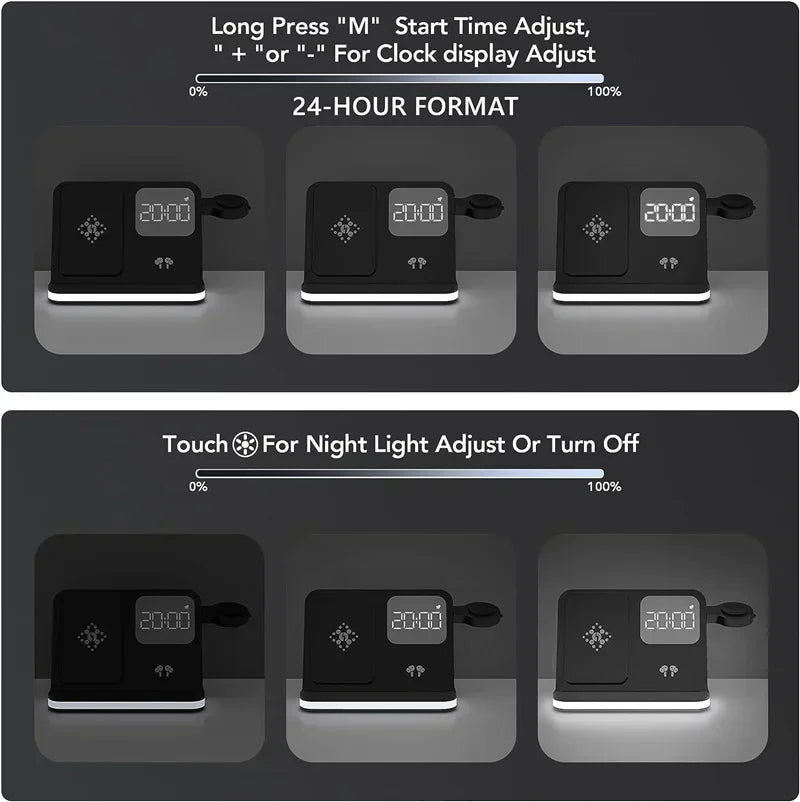 Tuzwa 3-in-1 Wireless Charging Station with LED Alarm Clock – Fast Phone, Smart Watch & Earbuds Charger with Cooling Fan