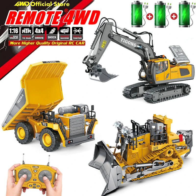 Tuzwa 4WD RC Excavator & Dump Truck – Alloy Remote Control Construction Vehicles with Lights, Sounds & Rechargeable Lithium Battery