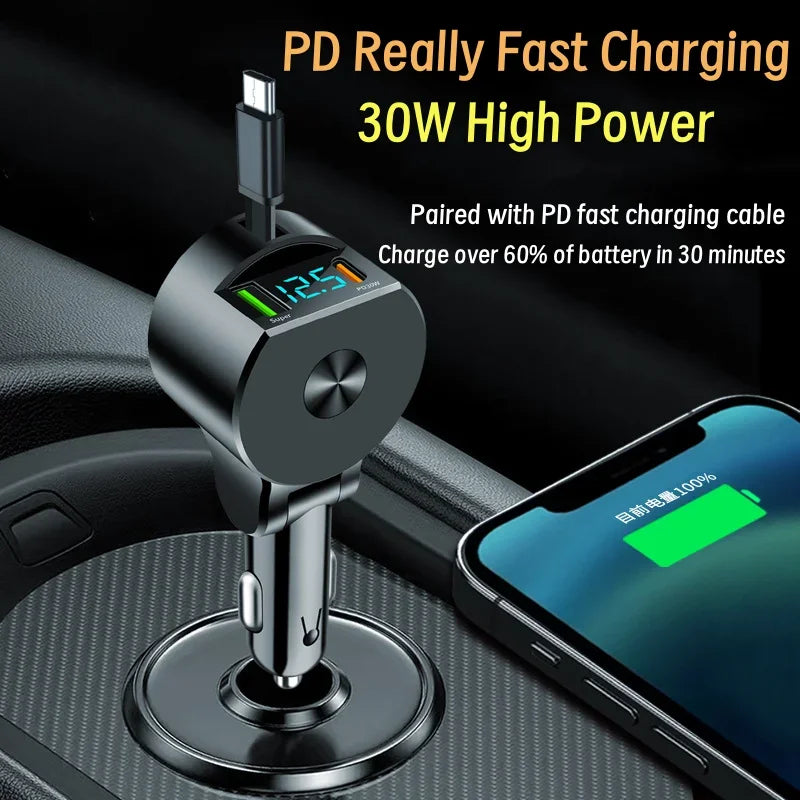 Tuzwa 3-in-1 Retractable Car Charger with Voltage Display – Fast Charging Dual Cable Vehicle Adapter for Compatible iPhone & Android Devices