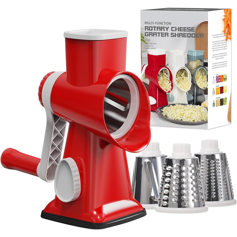 Tuzwa 3-in-1 Rotary Cheese Grater & Vegetable Slicer | Manual Food Processor with Interchangeable Stainless Steel Drums | Kitchen Shredder for Cheese, Vegetables & Nuts