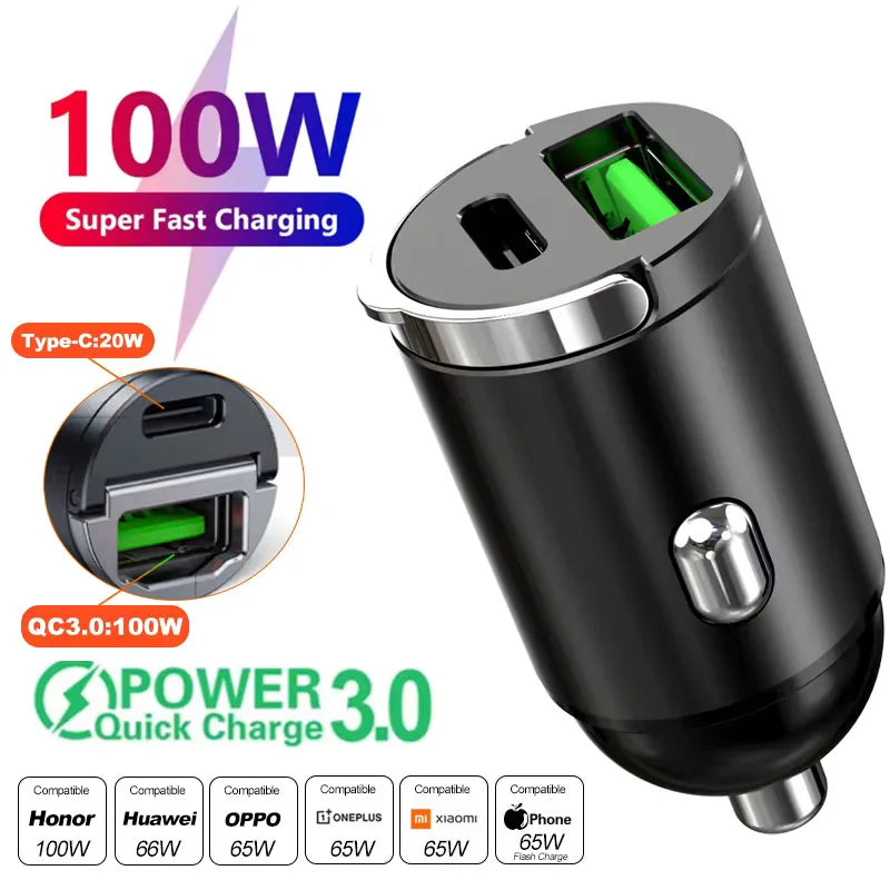 Tuzwa Mini USB-C Car Charger with QC3.0 & PD Fast Charging – Compact Alloy Type-C Vehicle Charging Adapter for Phones & Devices