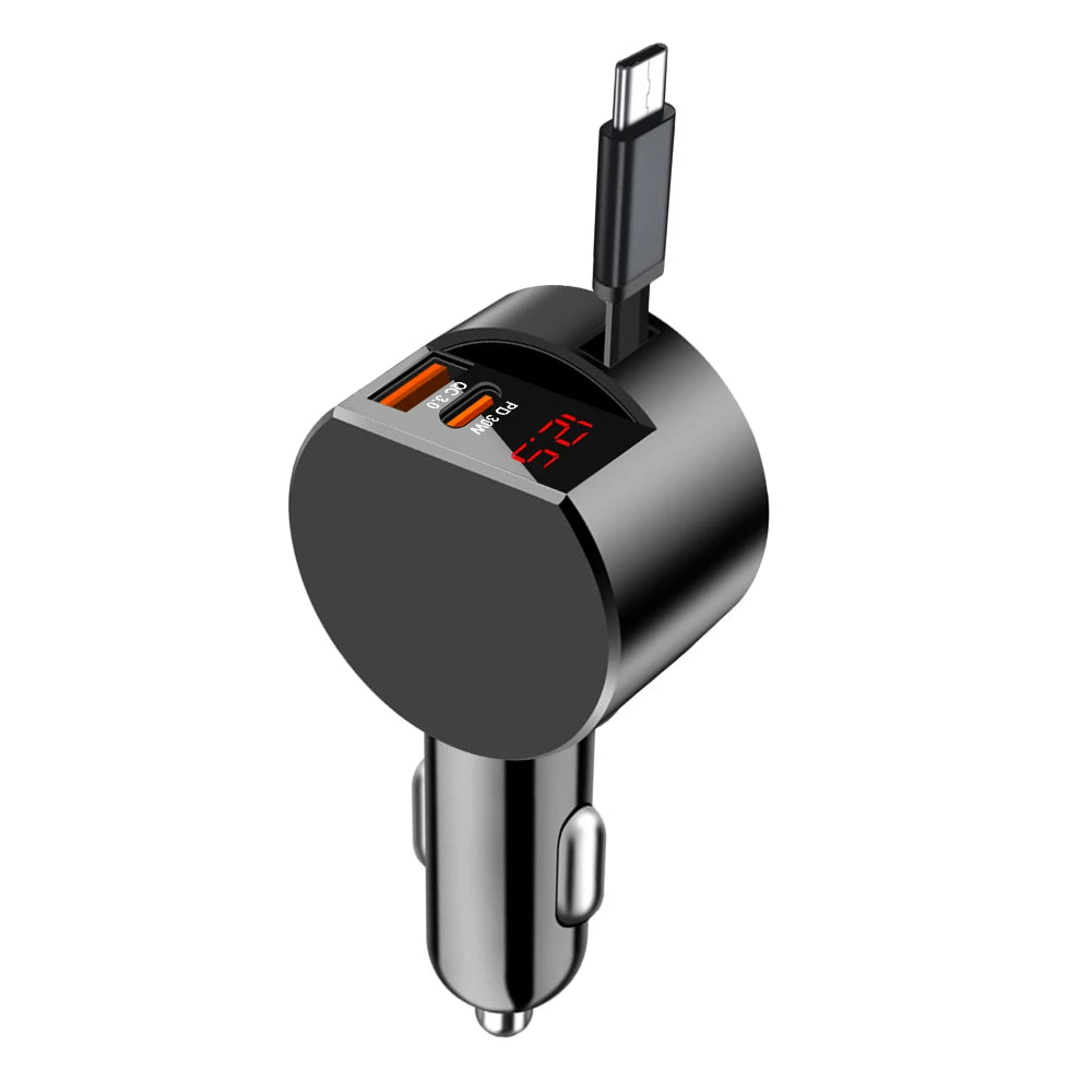 Tuzwa 3-in-1 Retractable Car Charger with QC3.0 Fast Charging – Compact Multi-Device Vehicle Phone Charging Adapter