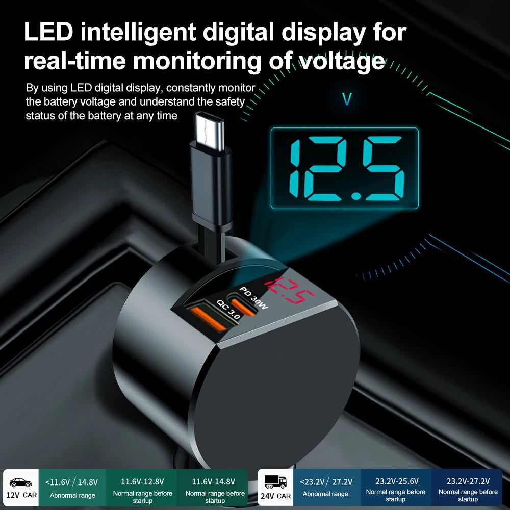 Tuzwa 3-in-1 Retractable Car Charger with QC3.0 Fast Charging – Compact Multi-Device Vehicle Phone Charging Adapter