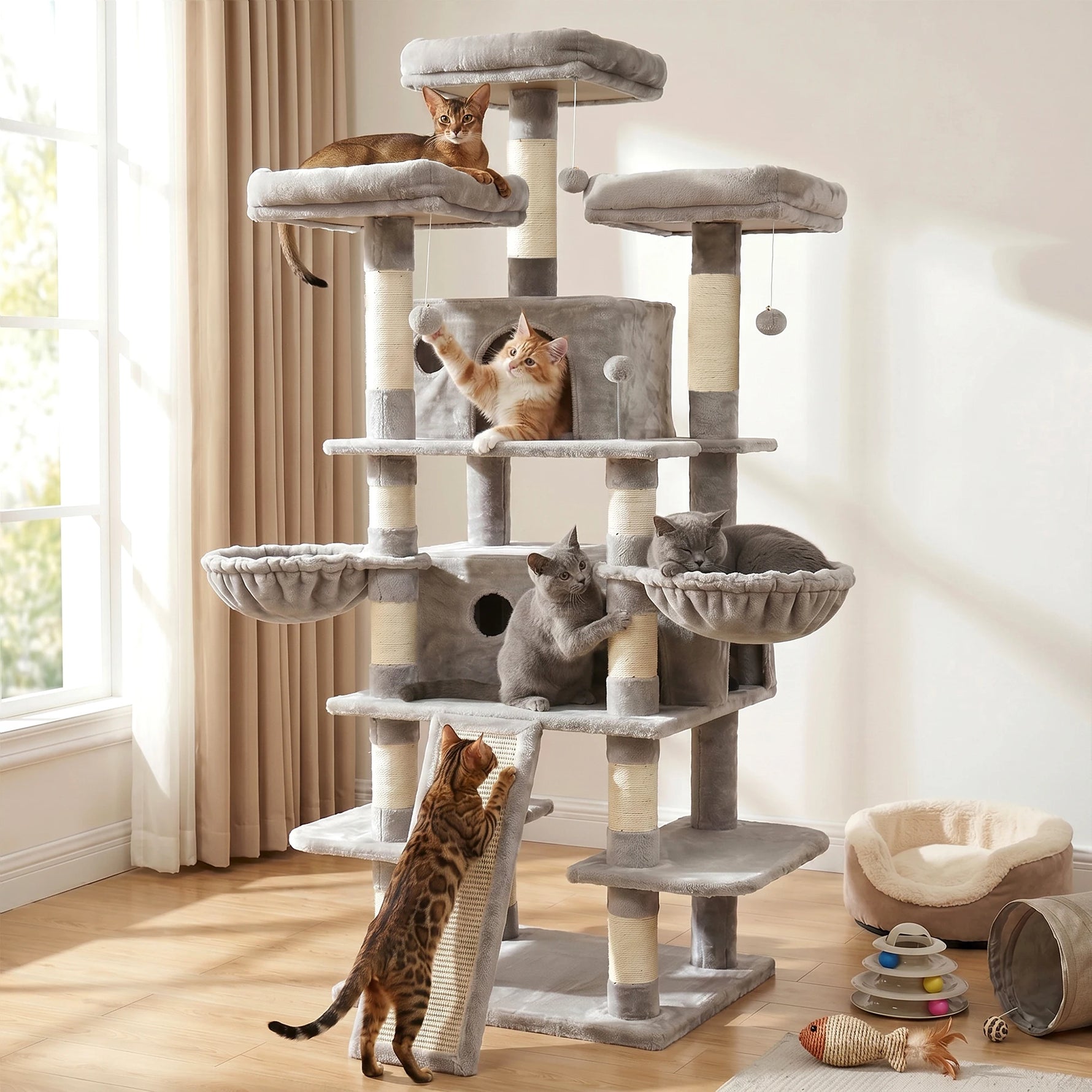 Tuzwa Large 4-Tier Cat Tree Tower | Multi-Level Cat Condo with 2 Houses, 3 Perches & Climbing Platforms for Indoor Cats
