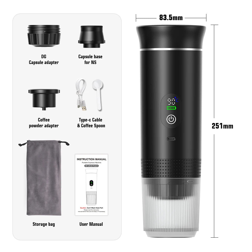 Portable Espresso Coffee Maker | Wireless 3-in-1 Portable Espresso Machine with 20-Bar Pressure & USB Rechargeable Design for Travel, Car & Home