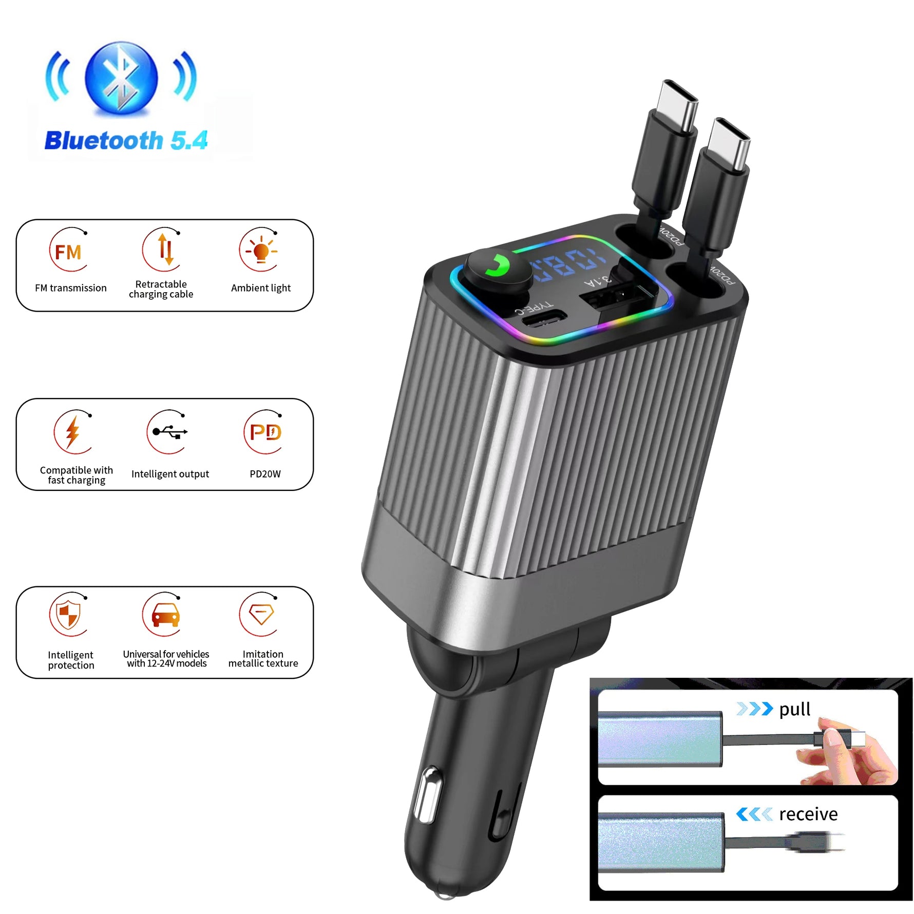 Tuzwa 4-in-1 Bluetooth FM Transmitter & Car Charger – PD USB-C Fast Charging Vehicle Adapter for Music, Calls & Device Charging