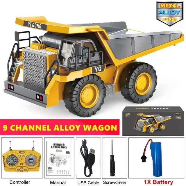 Tuzwa 4WD RC Excavator & Dump Truck – Alloy Remote Control Construction Vehicles with Lights, Sounds & Rechargeable Lithium Battery