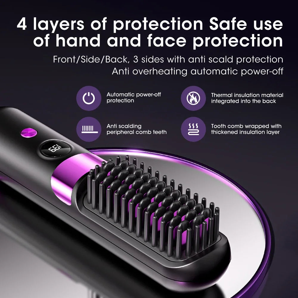 Tuzwa Cordless Hair Straightener Brush – Rechargeable Ceramic Heated Styling Brush, 4 Heat Settings, 140°C–200°C