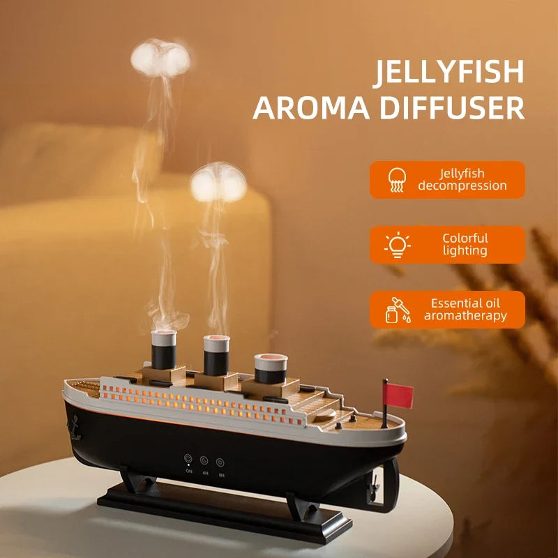 Tuzwa Titanic Ship Humidifier with LED Jellyfish Effect – Decorative Aromatherapy Diffuser for Home, Bedroom & Office