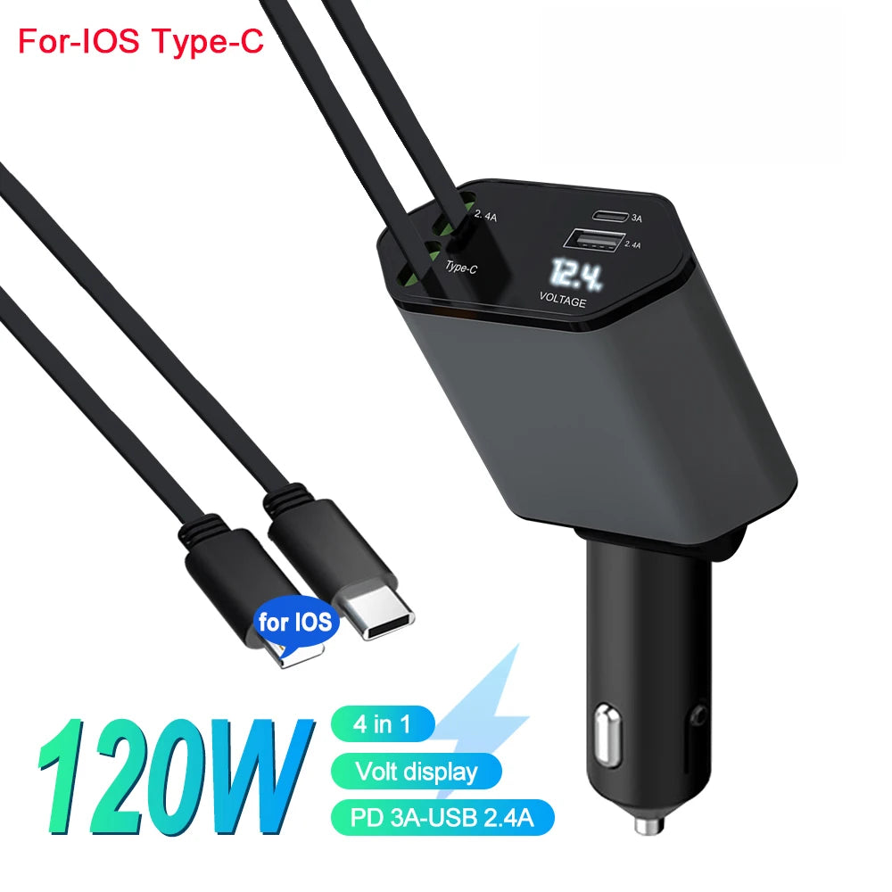 Tuzwa 120W 4-in-1 Fast Car Charger with Dual Retractable Cables – Multi-Port Vehicle Charging Adapter for iPhone, Android & USB Devices