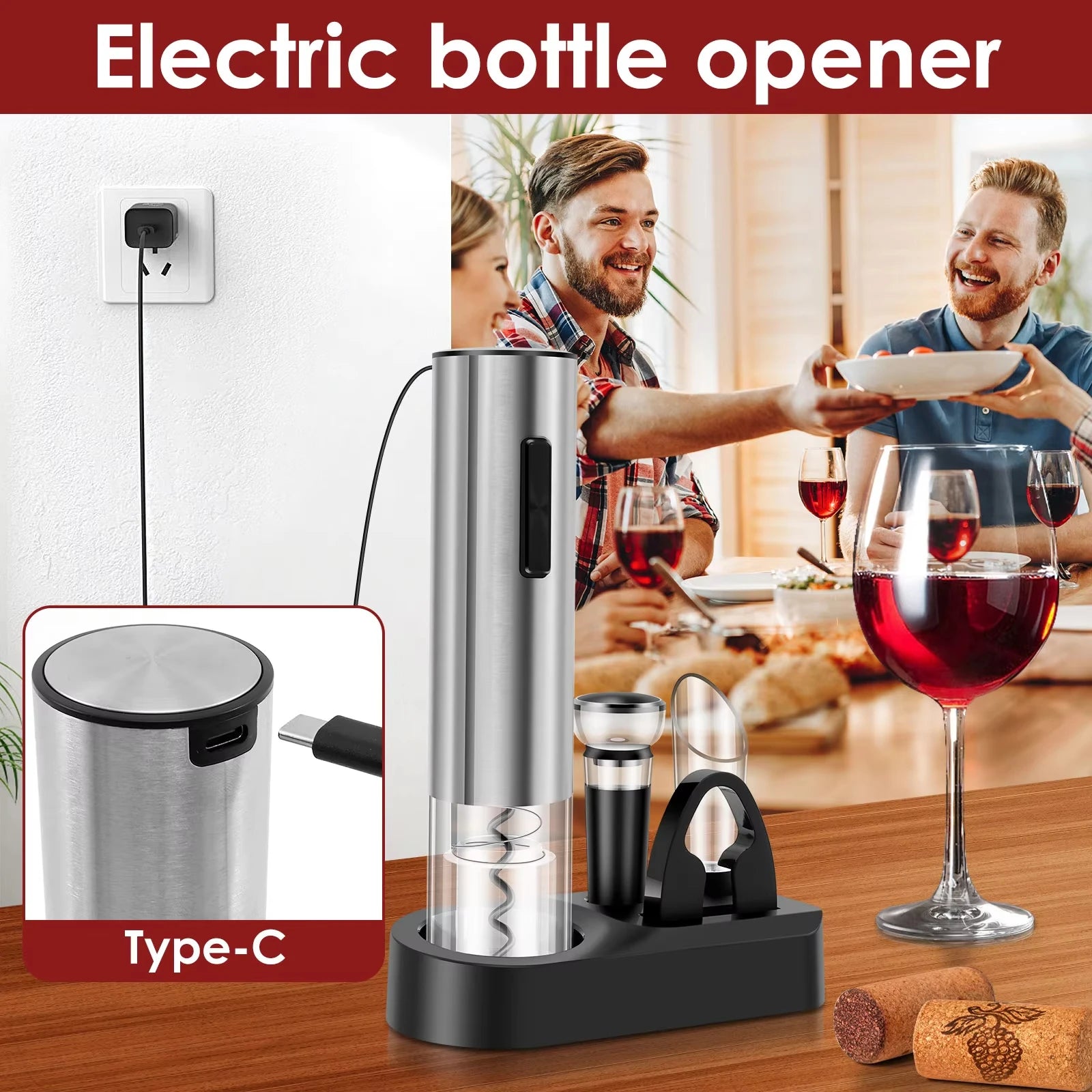 Tuzwa 4-in-1 Electric Wine Opener Set – Rechargeable Automatic Corkscrew with Wine Accessory Kit & Stainless Steel Design