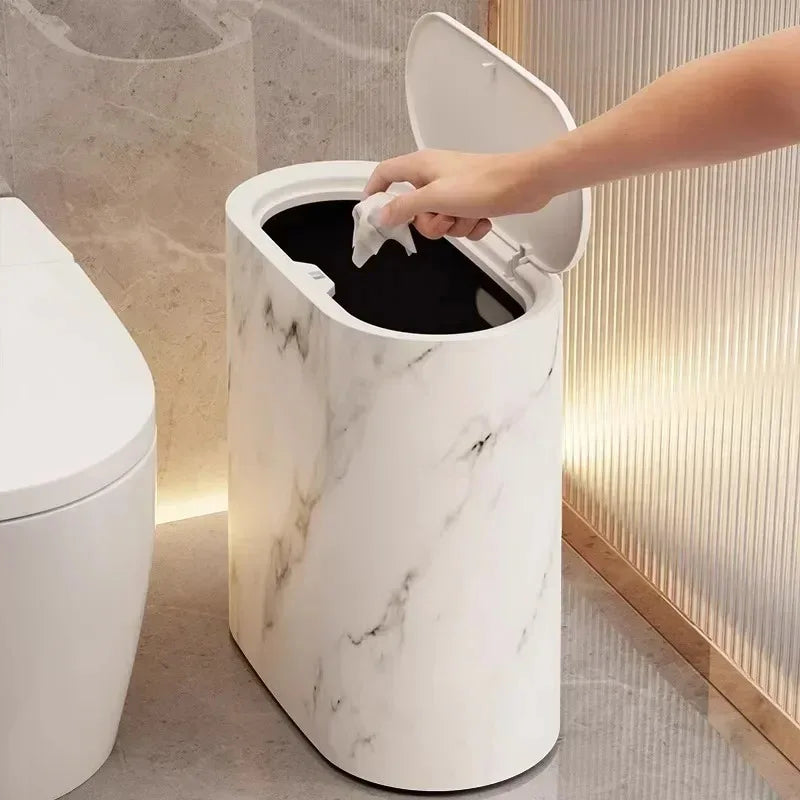 Tuzwa Bathroom Trash Can with Push Lid – Marble Design Slim Waste Bin for Small Spaces, Bedroom & Office