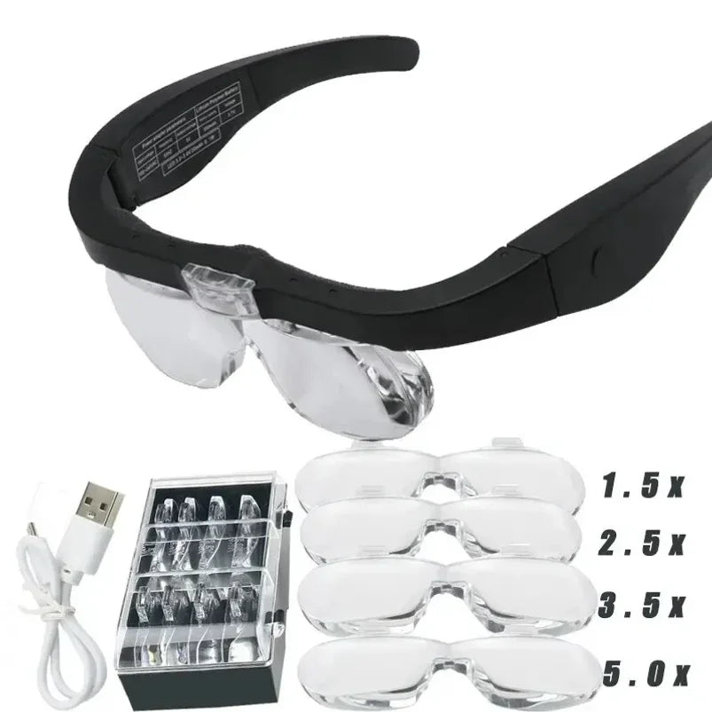 Tuzwa Rechargeable LED Magnifying Glasses – Head-Mounted Hands-Free Magnifier with 2 LED Lights for Precision Work, Crafts & Repairs