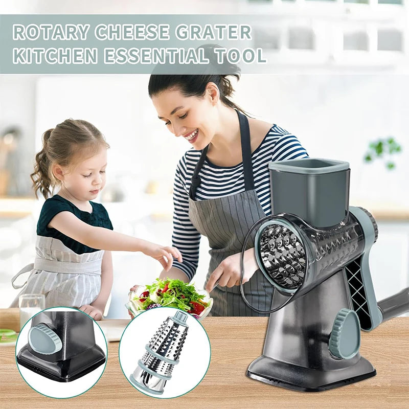 Tuzwa 3-in-1 Rotary Cheese Grater & Vegetable Slicer | Manual Food Processor with Interchangeable Stainless Steel Drums | Kitchen Shredder for Cheese, Vegetables & Nuts