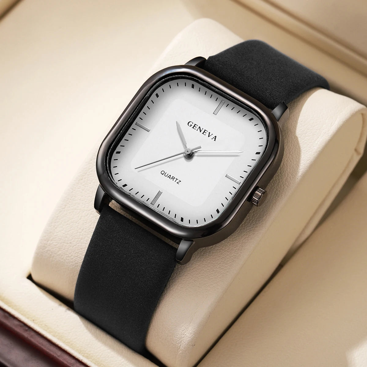 Tuzwa Men's Square Quartz Watch with Leather Strap – Minimalist 35mm Dial, Splash-Resistant Casual Watch