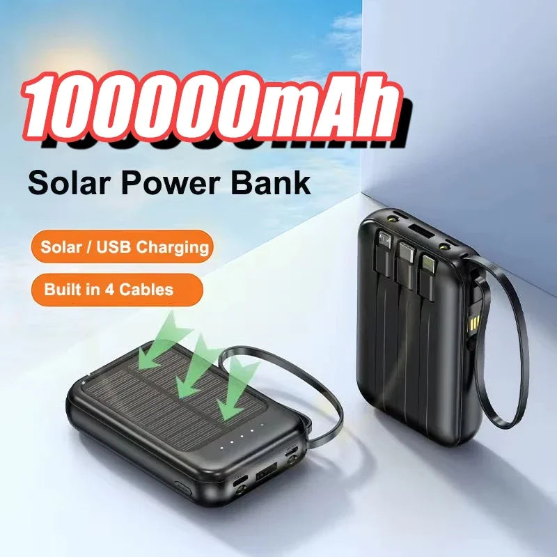 Tuzwa 200000mAh Solar Power Bank with 4 Built-In Cables – High-Capacity Portable Phone Charger for iPhone, Samsung & USB Devices