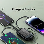 Tuzwa 50000mAh Solar Power Bank – High-Capacity Portable Charger with Built-In Cables, USB-C, Multiple Outputs & LED Flashlight for Smartphones