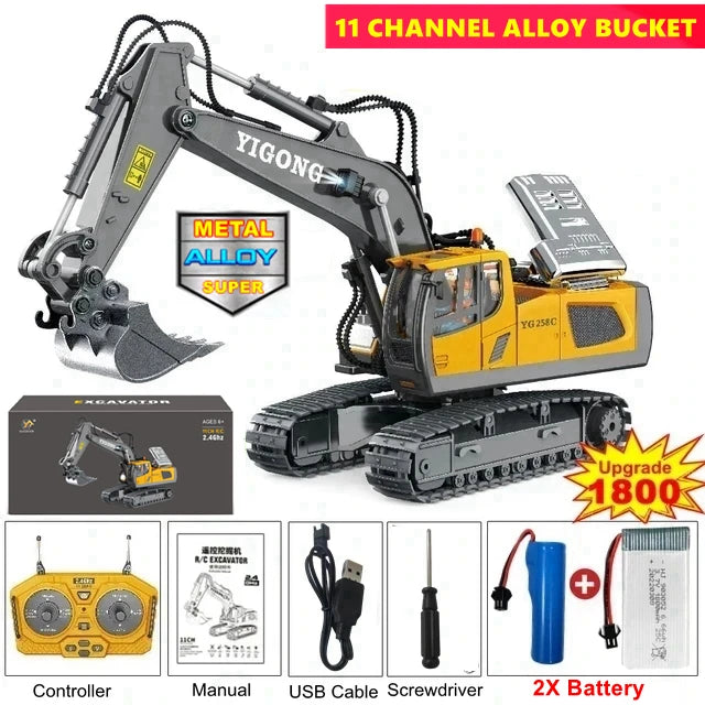 Tuzwa 4WD RC Excavator & Dump Truck – Alloy Remote Control Construction Vehicles with Lights, Sounds & Rechargeable Lithium Battery