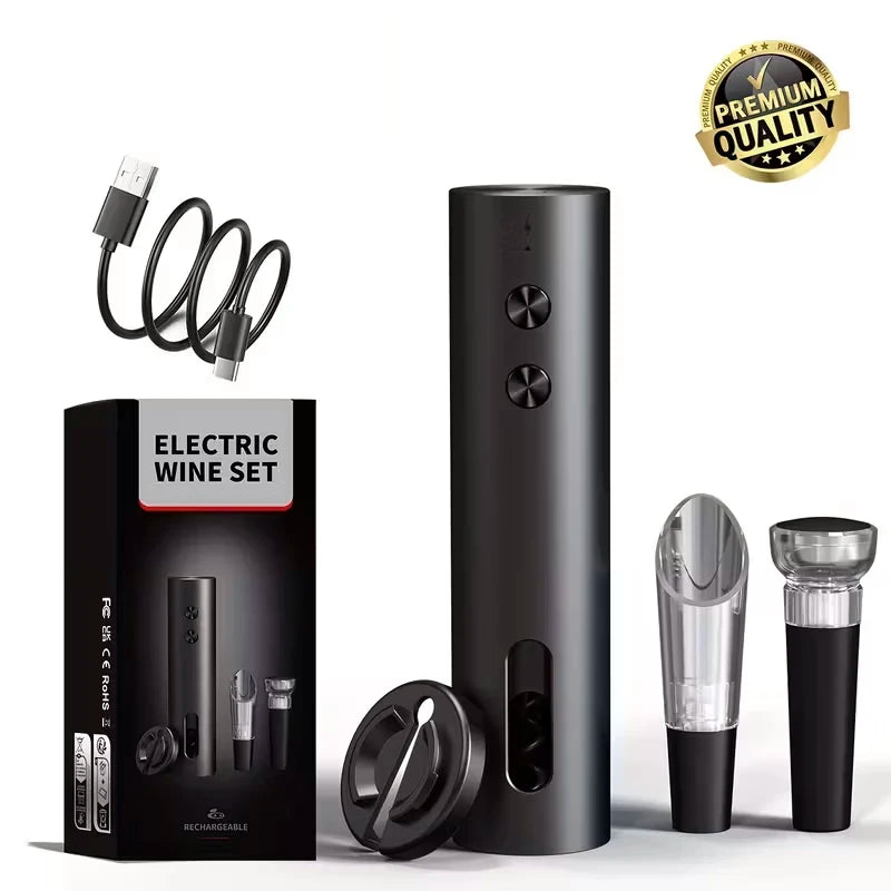 Tuzwa Rechargeable Electric Wine Opener Set – USB-C Automatic Corkscrew with Foil Cutter, Wine Pourer & Vacuum Stopper