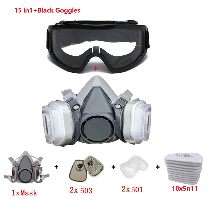 Tuzwa Half Face Respirator Mask with 5N11 Particle Filters & Safety Goggles – Reusable Dust Mask for Painting, Sanding & Industrial Work